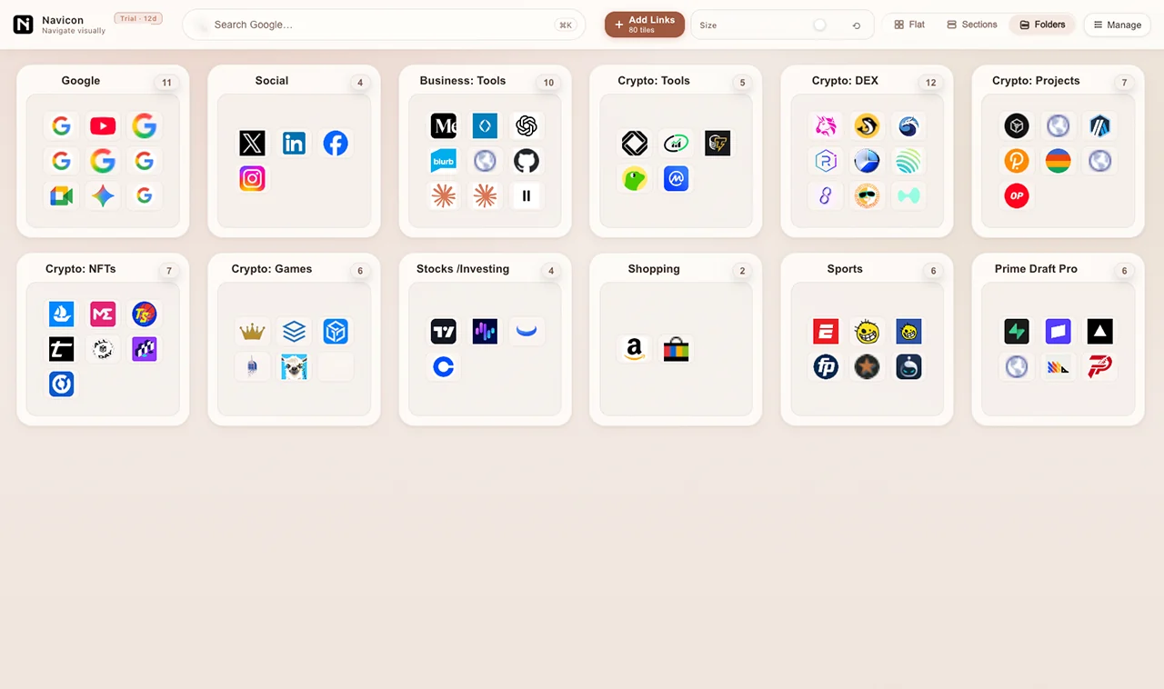 Folder tiles showing a 3-by-3 preview of the icons inside.