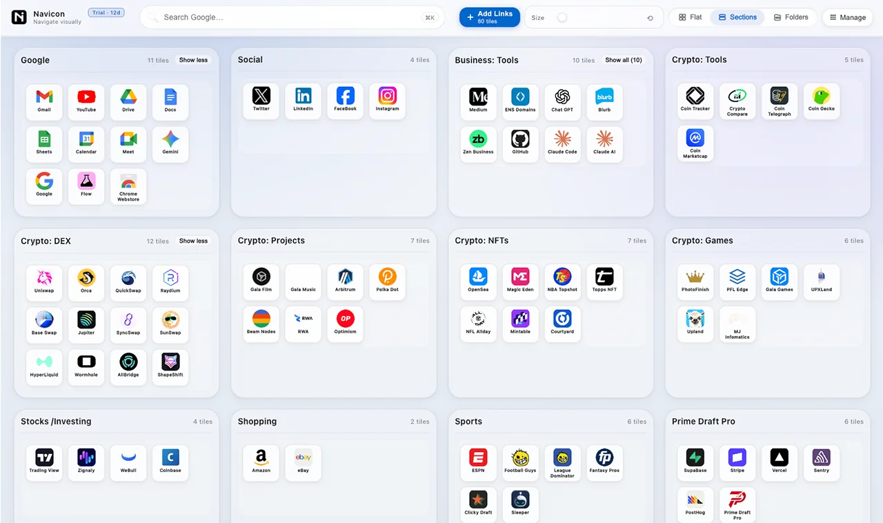 The Navicon new tab page showing tiles grouped into named sections such as Google, Social, Business Tools and Crypto.